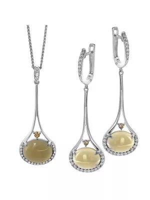 'Felicia' Women's Sterling Silver Set: Chain-Pendant + Earrings - Silver SET-7046
