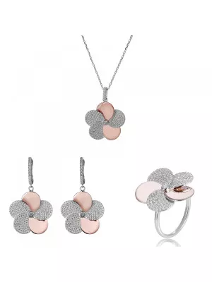 Orphelia® 'Fioni' Women's Sterling Silver Set: Necklace + Earrings + Ring - Silver/Rose SET-7452