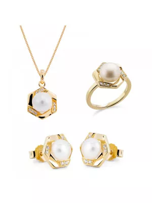 Orphelia® 'Aliva' Women's Sterling Silver Set: Necklace + Earrings + Ring - Gold SET-7469/G