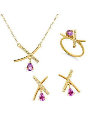 Orphelia® 'Charlotte' Women's Sterling Silver Set: Necklace + Earrings + Ring - Gold SET-7580/A
