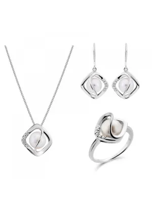 Orphelia® 'Aina' Women's Sterling Silver Set: Necklace + Earrings + Ring - White SET-7471/52